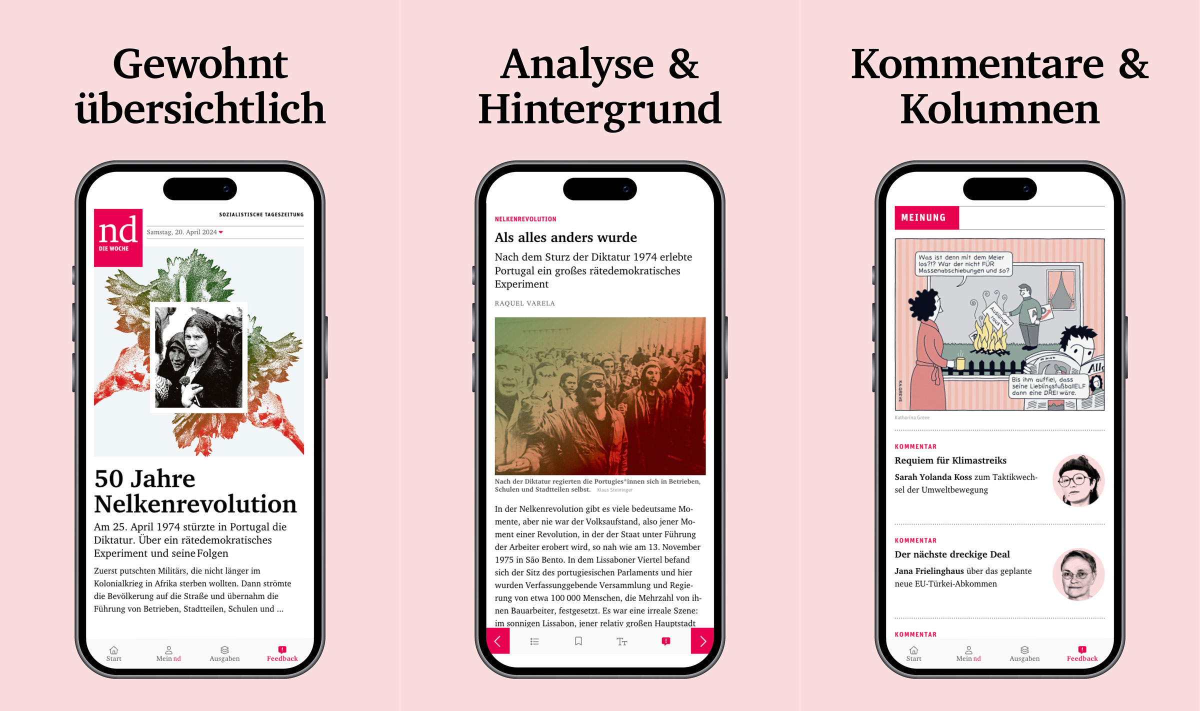 Werbegrafik für nd.Digital mit der Aufschrift: Journalismus von links (alle Ausgaben, online & offline lesen) Besser digital (kurze Ladezeiten, kein Tracking, werbefrei) Besser gemeinsam (Gemeinsam mit unserer Leserschaft entwickelt)