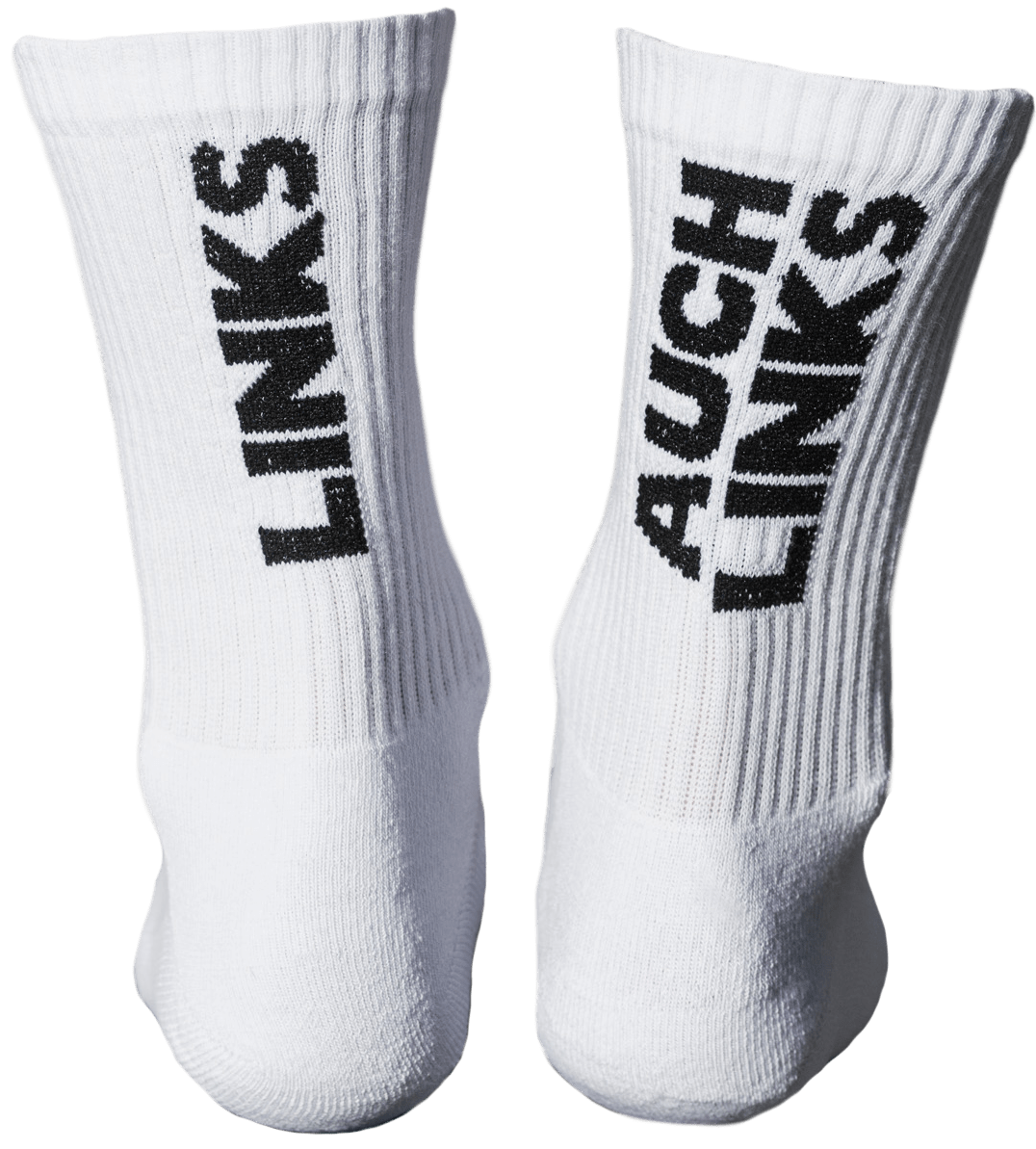 Ein paar Socken mit der Aufschrift "LINKS" und "AUCH LINKS"